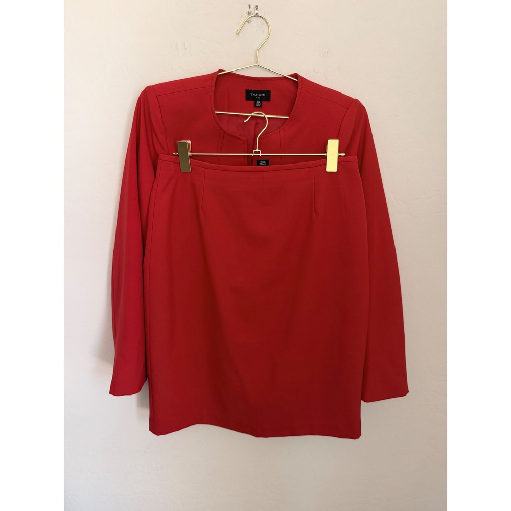 Tahari ASL Red Peplum Zip Jacket & Pencil Skirt Work OfficeSuit Set Womens 10